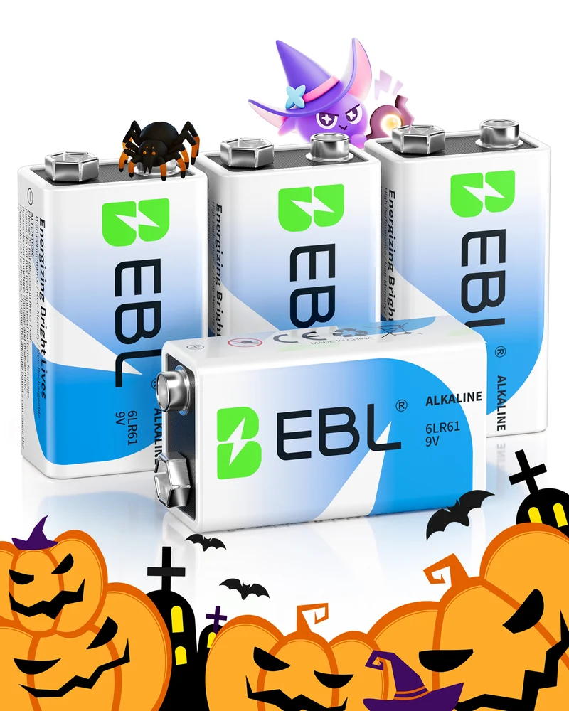 👻 Boo! EBL 9V Alkaline Batteries 4-Pack, 600mAh 6LR61 Non-Rechargeable for Smoke Alarms & Wireless Microphones