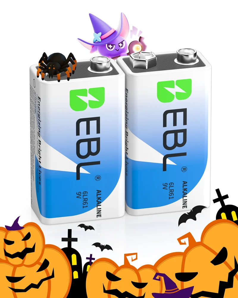 👻 Boo!EBL 9V 6LR61 Alkaline Batteries, Non-Rechargeable for Smoke Detectors & Multimeters