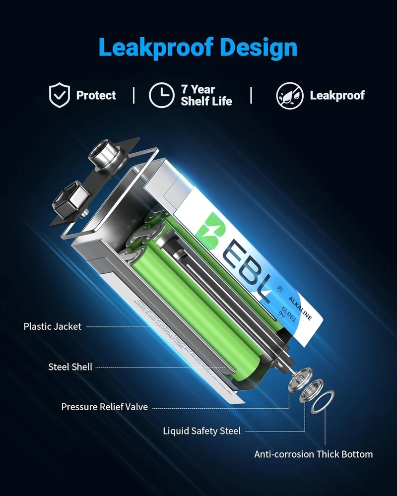 👻 Boo!EBL 9V 6LR61 Alkaline Batteries, Non-Rechargeable for Smoke Detectors & Multimeters
