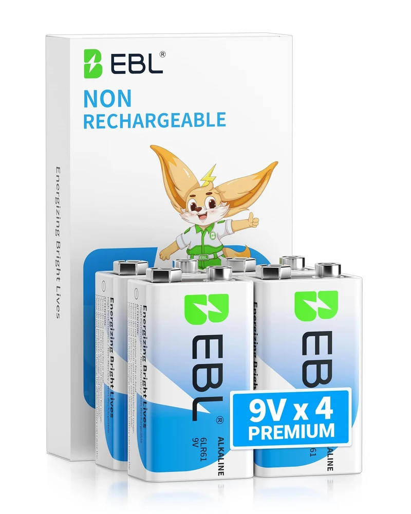 👻 Boo!EBL 9V 6LR61 Alkaline Batteries, Non-Rechargeable for Smoke Detectors & Multimeters