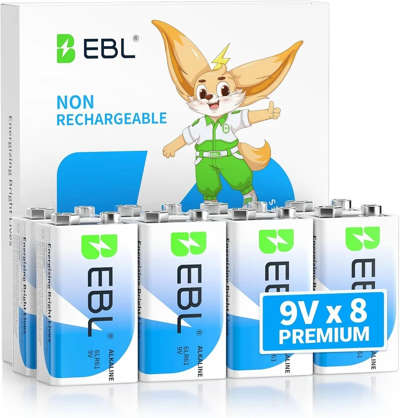 👻 Boo!EBL 9V 6LR61 Alkaline Batteries, Non-Rechargeable for Smoke Detectors & Multimeters