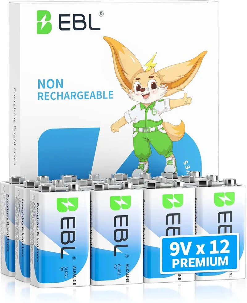 👻 Boo!EBL 9V 6LR61 Alkaline Batteries, Non-Rechargeable for Smoke Detectors & Multimeters