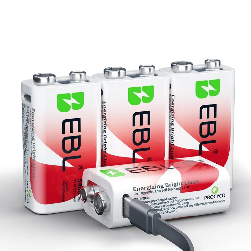EBL 5400mWh Rechargeable 9V Lithium Battery with USB-C Direct Charge, No Extra Charger Needed