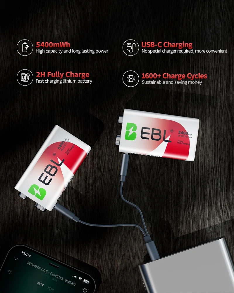 EBL 5400mWh Rechargeable 9V Lithium Battery with USB-C Direct Charge, No Extra Charger Needed