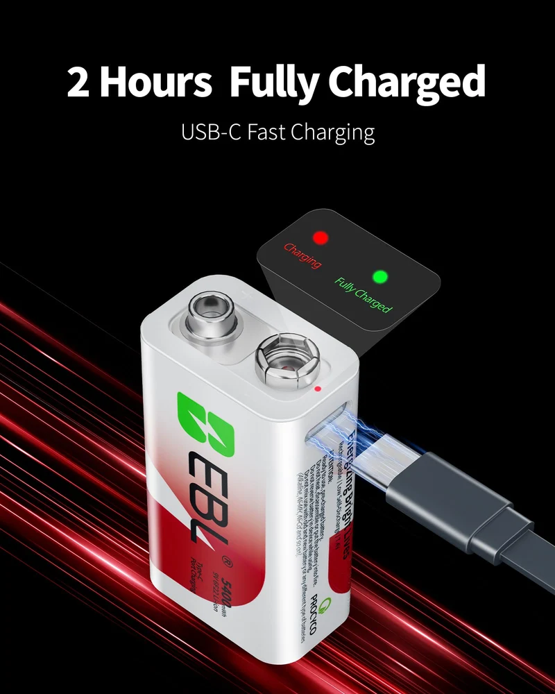 EBL 5400mWh Rechargeable 9V Lithium Battery with USB-C Direct Charge, No Extra Charger Needed