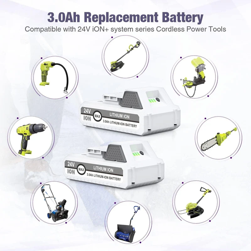 2 Packs 24V 3000mAh Replacement Battery for Snow Joe+Sun Joe