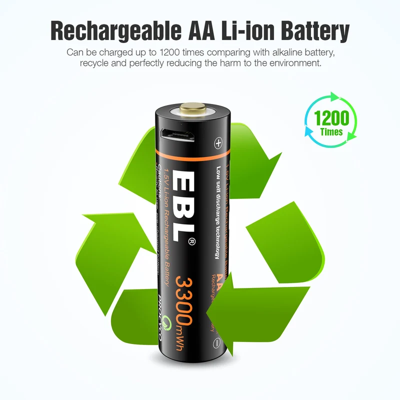 EBL 4Pcs 1.5V AA Lithium ion Batteries 3300mWh with Micro USB Cable