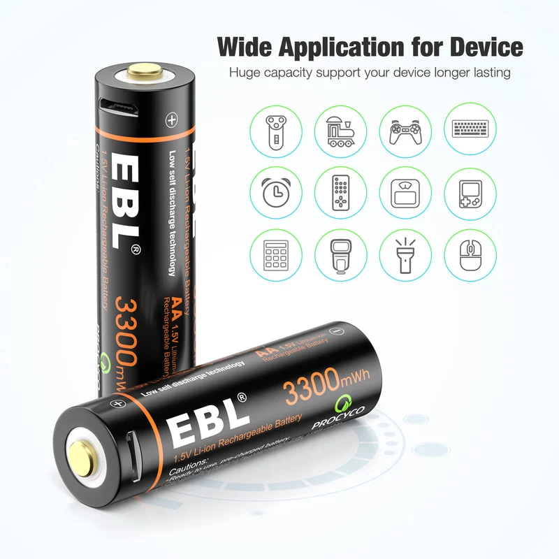 EBL 4Pcs 1.5V AA Lithium ion Batteries 3300mWh with Micro USB Cable