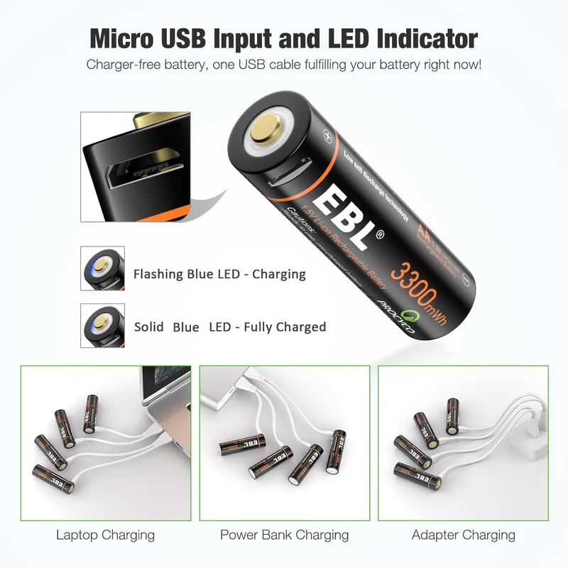 EBL 4Pcs 1.5V AA Lithium ion Batteries 3300mWh with Micro USB Cable