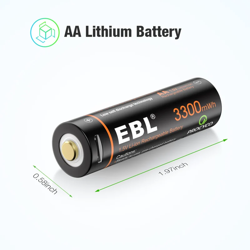 EBL 4Pcs 1.5V AA Lithium ion Batteries 3300mWh with Micro USB Cable