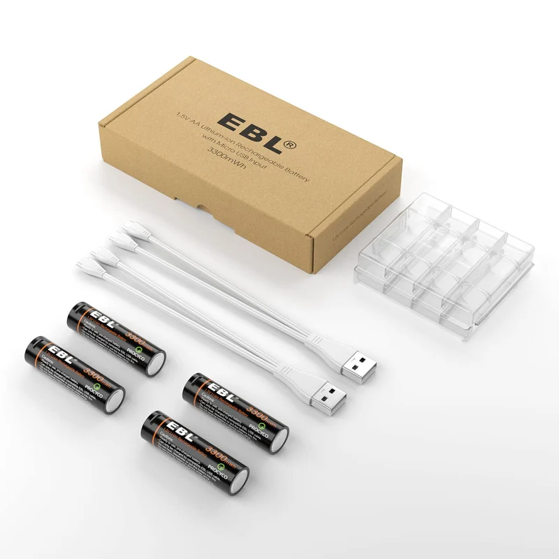 EBL 4Pcs 1.5V AA Lithium ion Batteries 3300mWh with Micro USB Cable