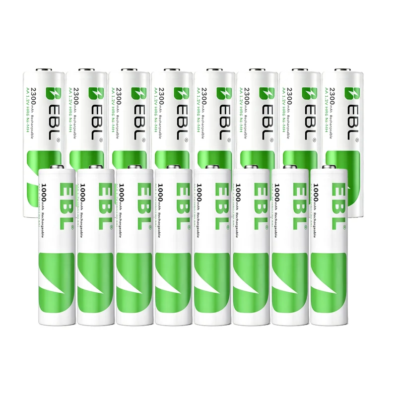EBL 8-Pack AA 2300mAh and 8-Pack AAA 1000mAh Rechargeable Batteries Combo, High Capacity Ni-MH Precharged Batteries with Storage Case, for Household Electronics, Toys, Flashlights