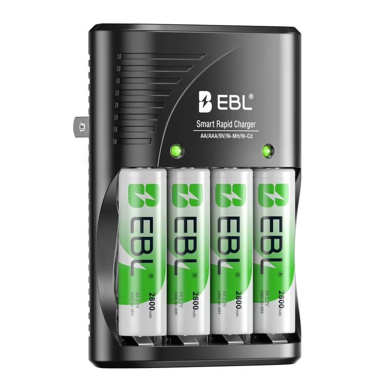 EBL Smart Battery Charger with 4 AA 2800mAh Rechargeable Batteries AA AAA 9V NiMH NiCd Fast Charger for Camera Flashlight Remote Control Toys
