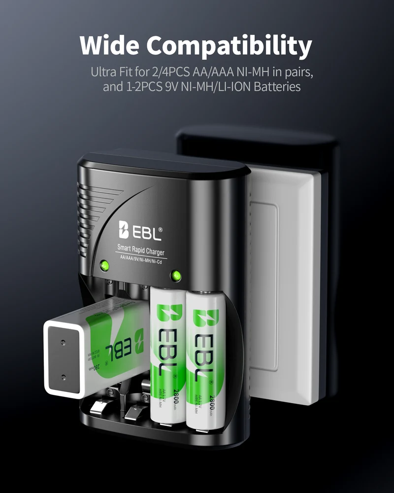 EBL Universal Smart Battery Charger Kit with AA AAA and 9V Rechargeable Batteries (4 AA, 4 AAA and 2 9V) for Camera Flashlight Remote Control Xbox Controller Toys and Household Devices