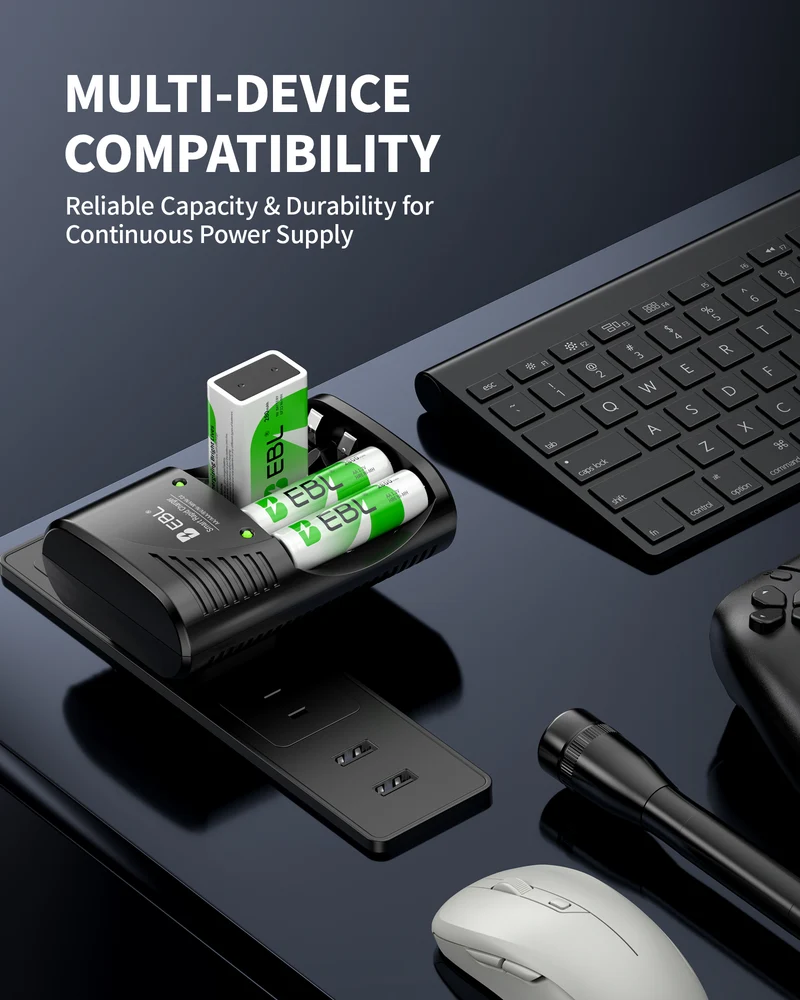 EBL Universal Smart Battery Charger Kit with AA AAA and 9V Rechargeable Batteries (4 AA, 4 AAA and 2 9V) for Camera Flashlight Remote Control Xbox Controller Toys and Household Devices