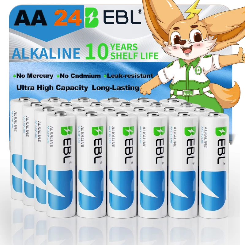 EBL 1.5 Volts Alkaline AA Batteries 24 Pack, Leak-Proof, CE and ROHS certified, Ultra High Capacity Power Long-Lasting 1.5V Double A Battery for Household & Office Use, No Mercury, 10-Year Shelf Life