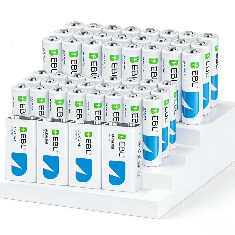 EBL 52 Pack Alkaline Batteries, 24 Pack AA, 24 Pack AAA, and 4 Pack 9V Size Batteries