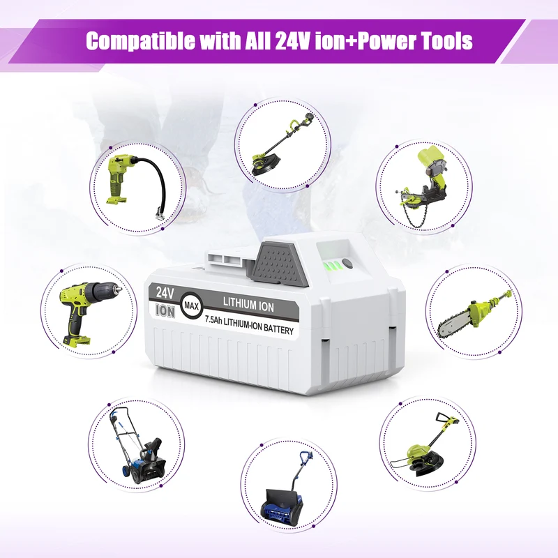 LORDONE 24V 7500mAh Li-ion Replacement Battery for Sun Joe & Snow Joe