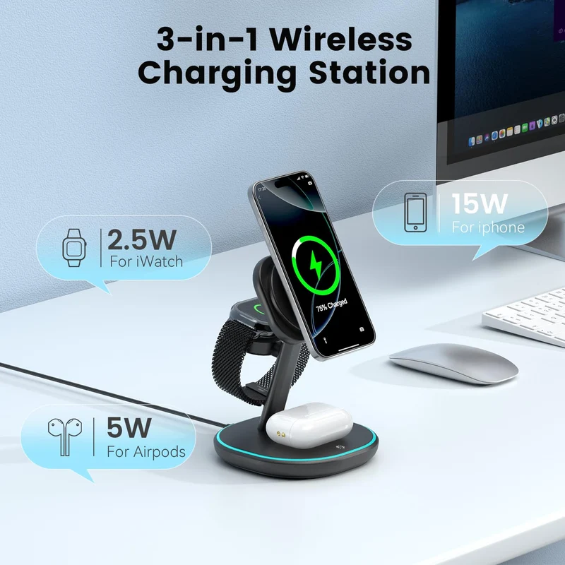 3-in-1 2X Faster 15W Wireless Charging Station for iPhone 16/15/14/13/12