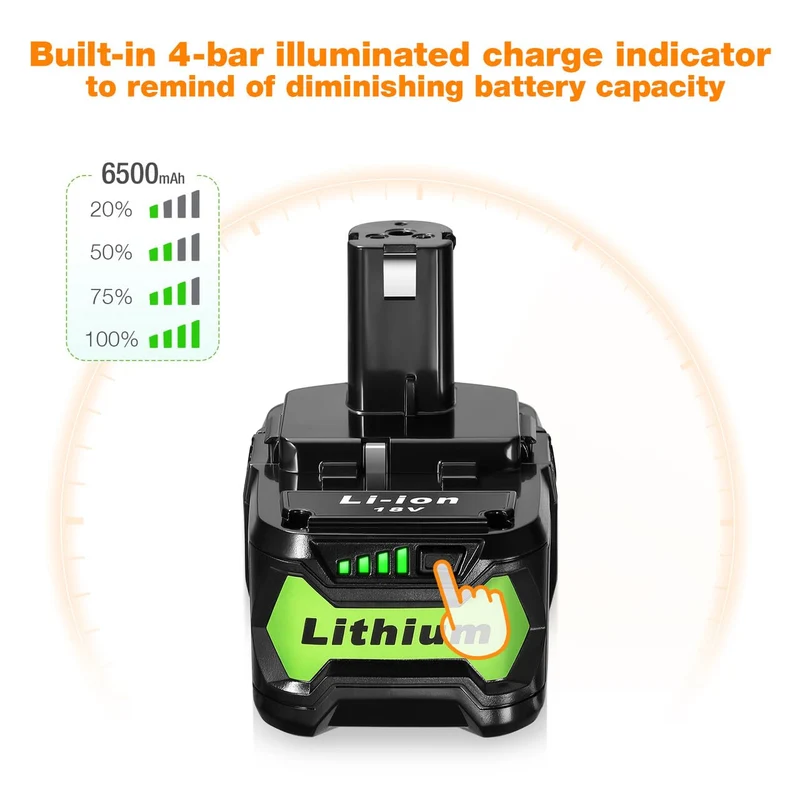 2 Pack 6500mAh Replacement for Ryobi 18V Battery