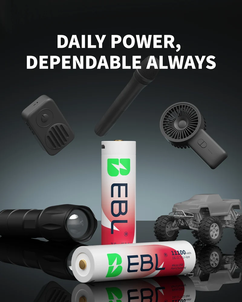 EBL 2-Pack 3.7V 18650 USB Rechargeable Li-ion Batteries 11100mWh for Flashlights, Headlamps & Doorbells