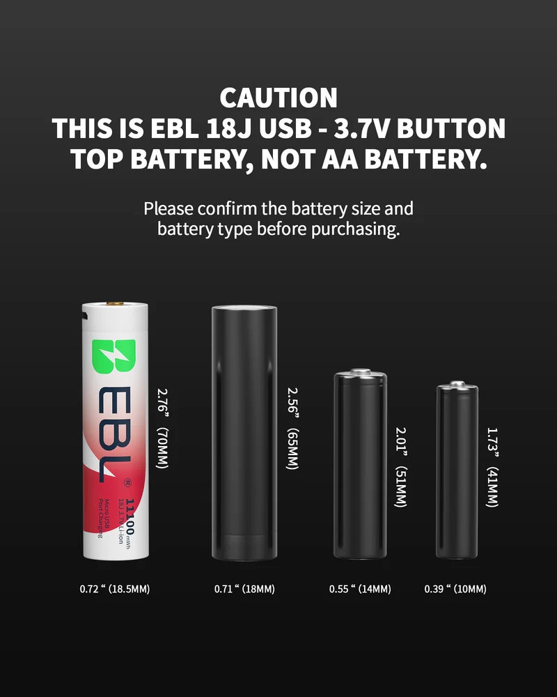 EBL 2-Pack 3.7V 18650 USB Rechargeable Li-ion Batteries 11100mWh for Flashlights, Headlamps & Doorbells