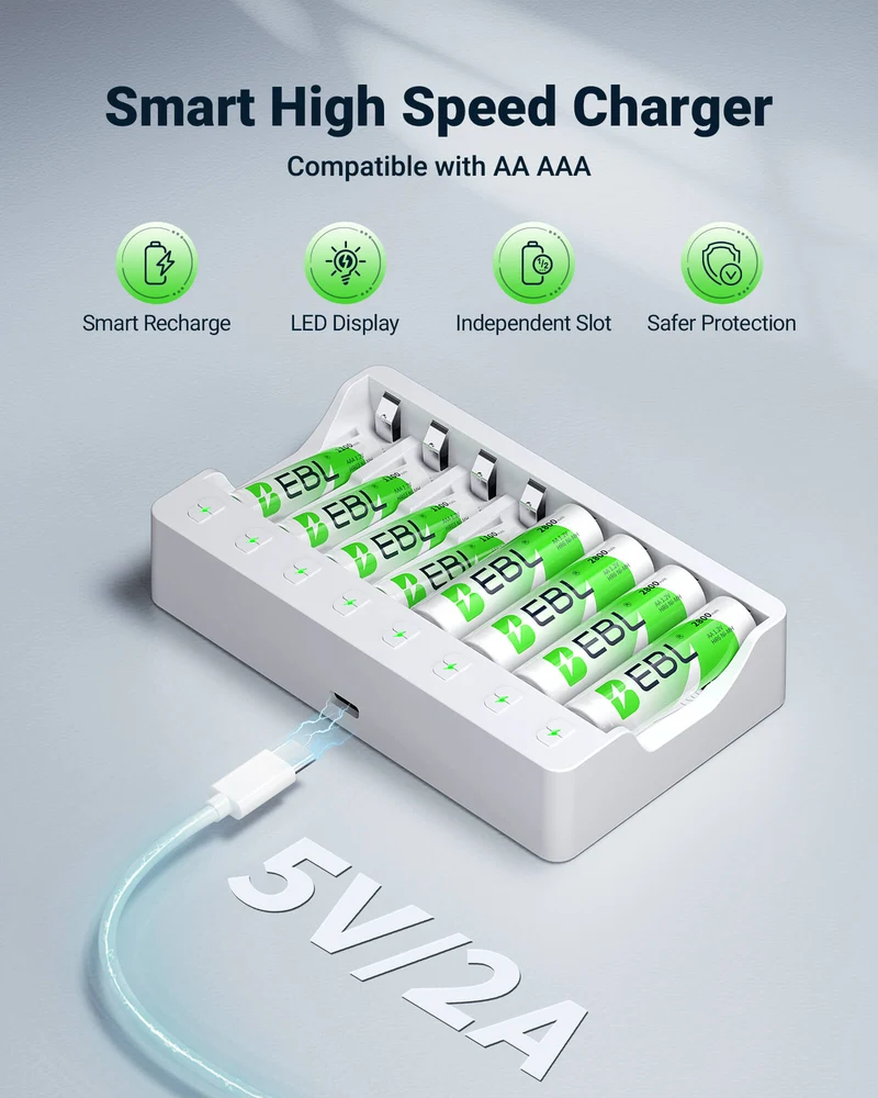 EBL Rechargeable AA AAA Batteries with 8 Bay Individual Battery Charger