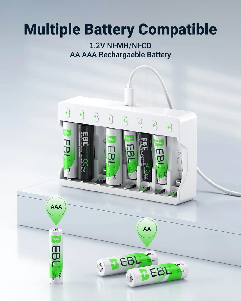 EBL Rechargeable AA AAA Batteries with 8 Bay Individual Battery Charger