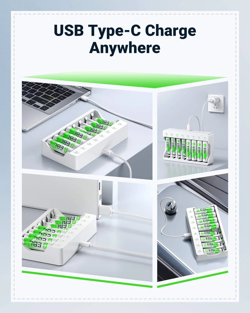 EBL Rechargeable AA AAA Batteries with 8 Bay Individual Battery Charger