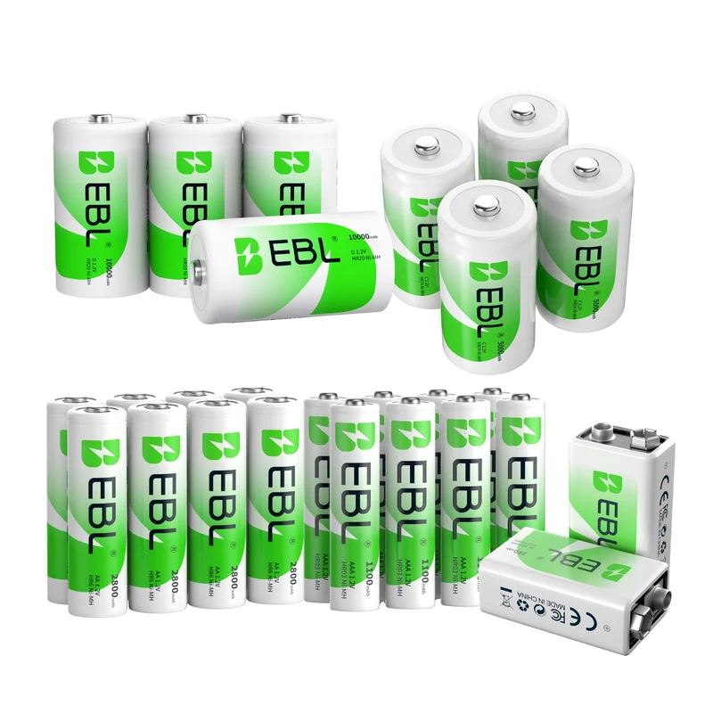 EBL Rechargeable AA AAA C D 9V Rechargeable Batteries Combo
