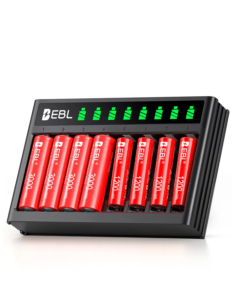 EBL 8-Bay Smart AA AAA Battery Charger with LCD Display, USB-C Charger for 1.2V Nickel and 1.5V Lithium Rechargeable Batteries