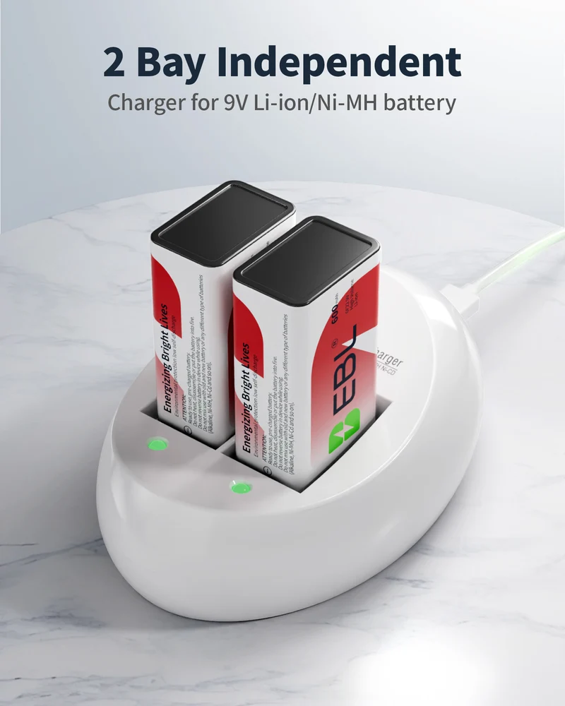 EBL 9V Li-ion Rechargeable Batteries with Smart Battery Charger, 9V Battery and Charger Set for Smoke Alarms, Wireless Microphones, Multimeters, Toys & More