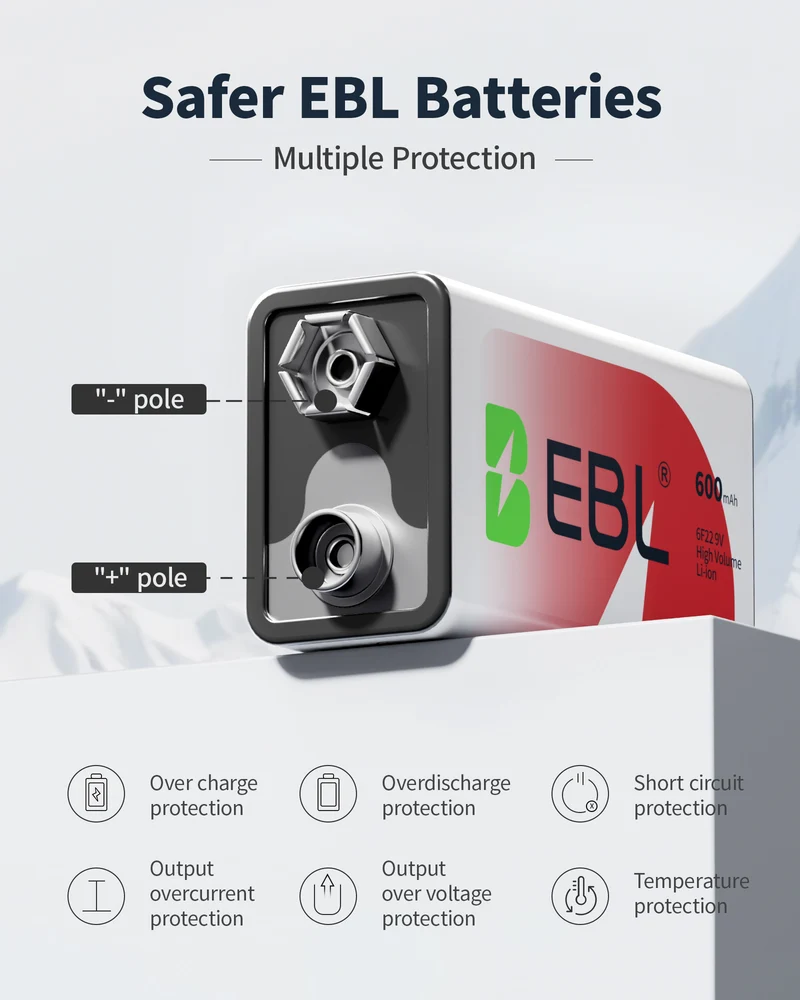EBL 9V Li-ion Rechargeable Batteries with Smart Battery Charger, 9V Battery and Charger Set for Smoke Alarms, Wireless Microphones, Multimeters, Toys & More