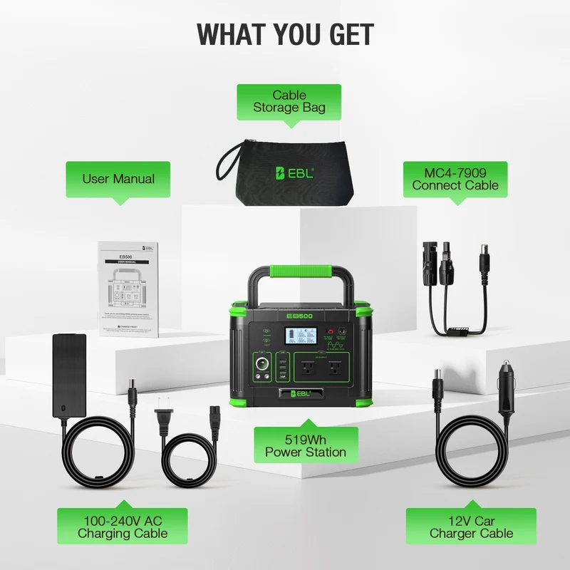 EBL 500W Portable Power Station with 200W Solar Panel, 519Wh Solar Generator, Pure Sine Wave AC Outlet, Portable Battery Backup for Camping, RV, Home Emergency & Outdoor Adventures