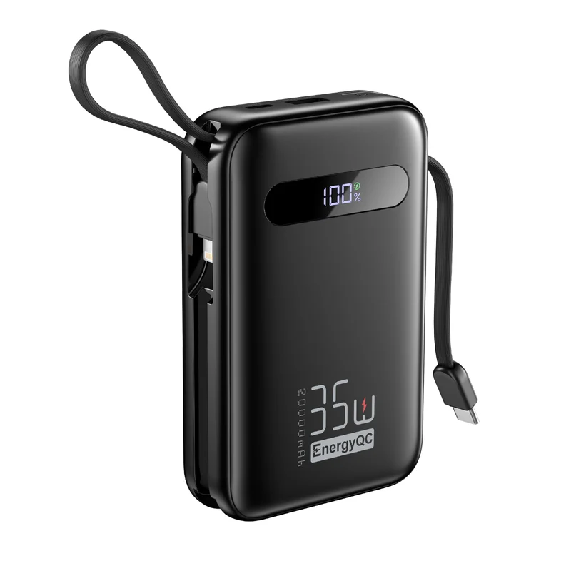 EnergyQC 20000mAh 35W Portable Power Bank – Fast USB-C PD Charger with Built-in Cables & LED Display