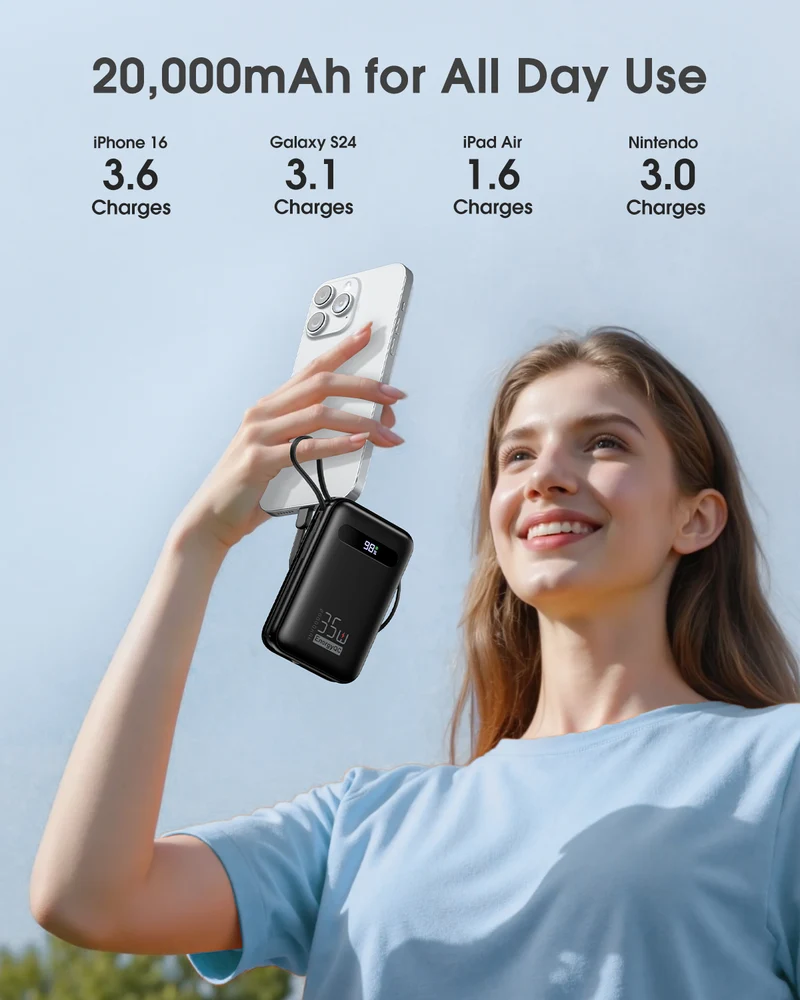 EnergyQC 20000mAh 35W Portable Power Bank – Fast USB-C PD Charger with Built-in Cables & LED Display