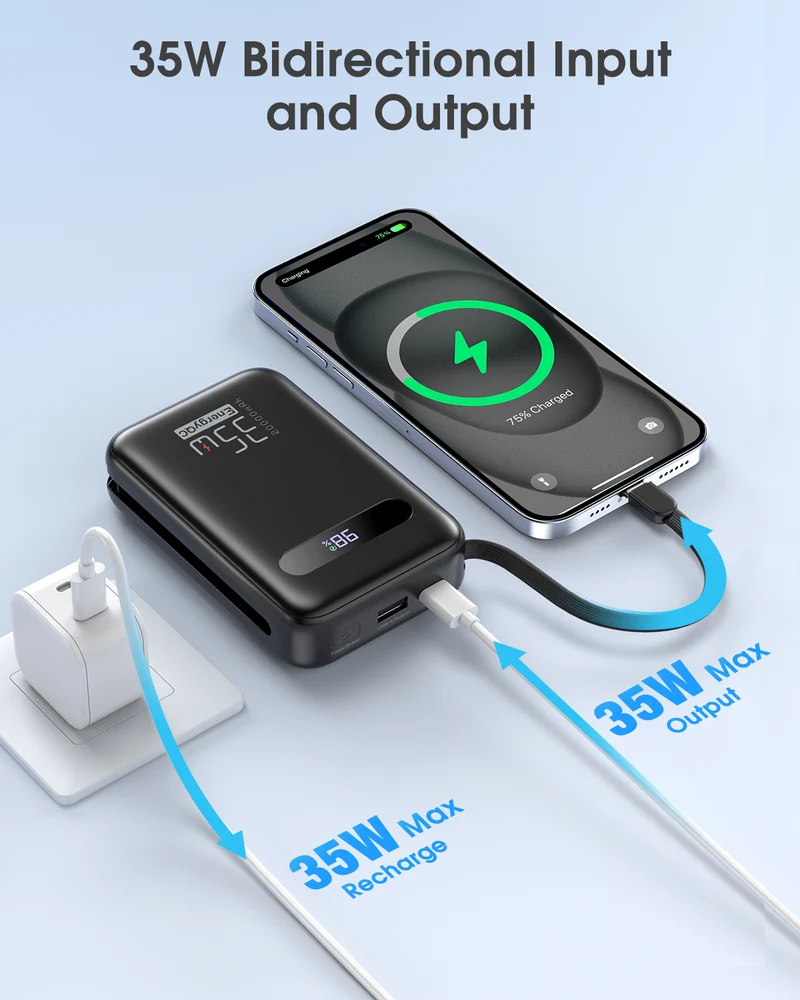 EnergyQC 20000mAh 35W Portable Power Bank – Fast USB-C PD Charger with Built-in Cables & LED Display