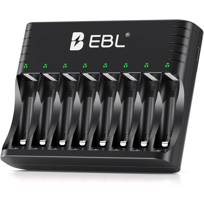 EBL 5-in-1 Smart 8 Slot Charging Bay Battery Charger for AA AAA Rechargeable Batteries, Type-C Input, Works with 1.2V Ni-MH/Ni-CD & 1.5V Lithium Rechargeable Batteries