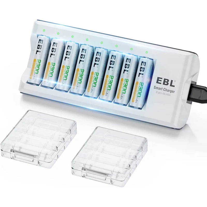 EBL Rechargeable AA Batteries 2300mAh Long Lasting Battery (8 Counts) with Battery Charger for AA AAA Ni-MH Ni-Cd Rechargeable Batteries