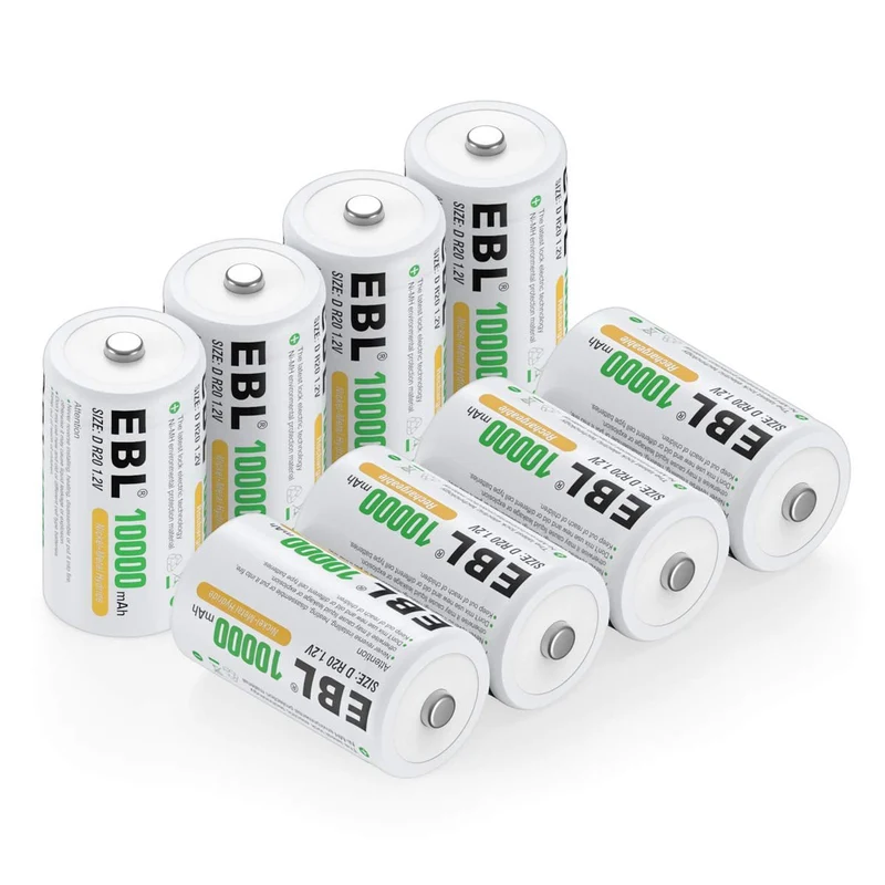 EBL 8 Pack 10000mAh Rechargeable D Batteries D Cell Size Ni-MH Battery 1.2V