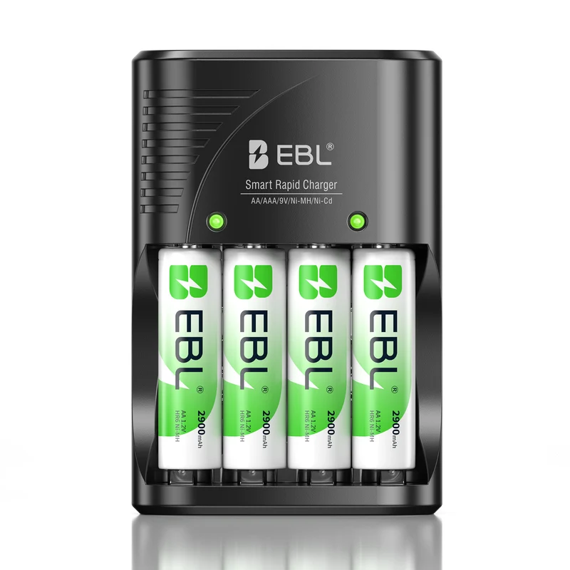 EBL NiMH Batteries AA 2900mAh with Smart 4 Bay Battery Charger 4 Count 1.2V Rechargeable Double A Battery