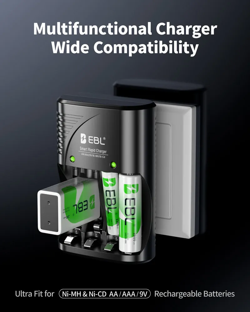 EBL Smart Battery Charger for AA AAA 9V NiMH NiCd Rechargeable Batteries Camera Flashlight Smoke Detectors Microphones