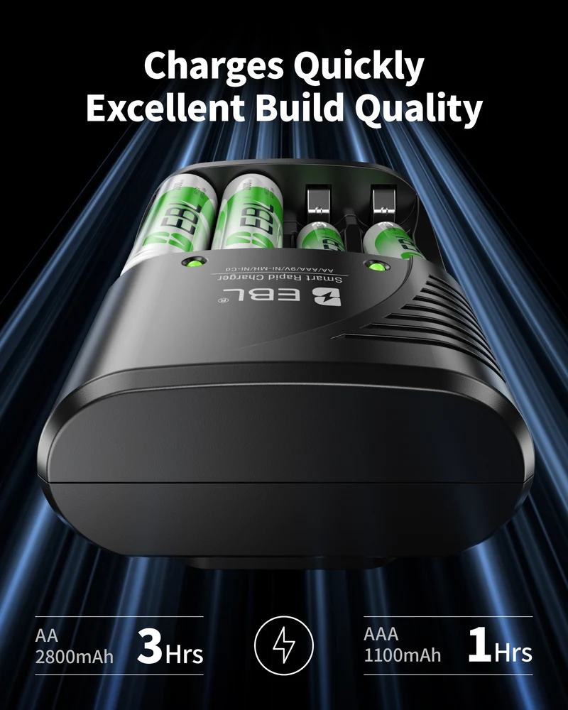 EBL Smart Battery Charger for AA AAA 9V NiMH NiCd Rechargeable Batteries Camera Flashlight Smoke Detectors Microphones