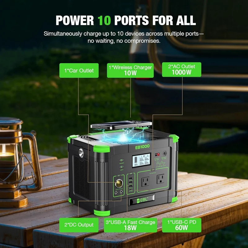 🔥 Big Sale🔥 Add to Cart Now $299.99 | EBL 1000W Portable Power Station Solar Generator, 999Wh Fast Charging Backup Battery with 10W Wireless Charging & Multiple Ports for Camping, Home Backup, RV & Off-Grid Power