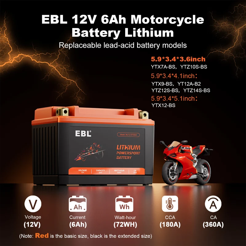 EBL 12V 6Ah LiFePO4 Motorcycle Battery, 180 CCA 360 CA Lithium Starter Battery, YTX7A-BS Replacement for ATV, UTV, Motocross, Dirt Bike, Snowmobile & Jet Ski