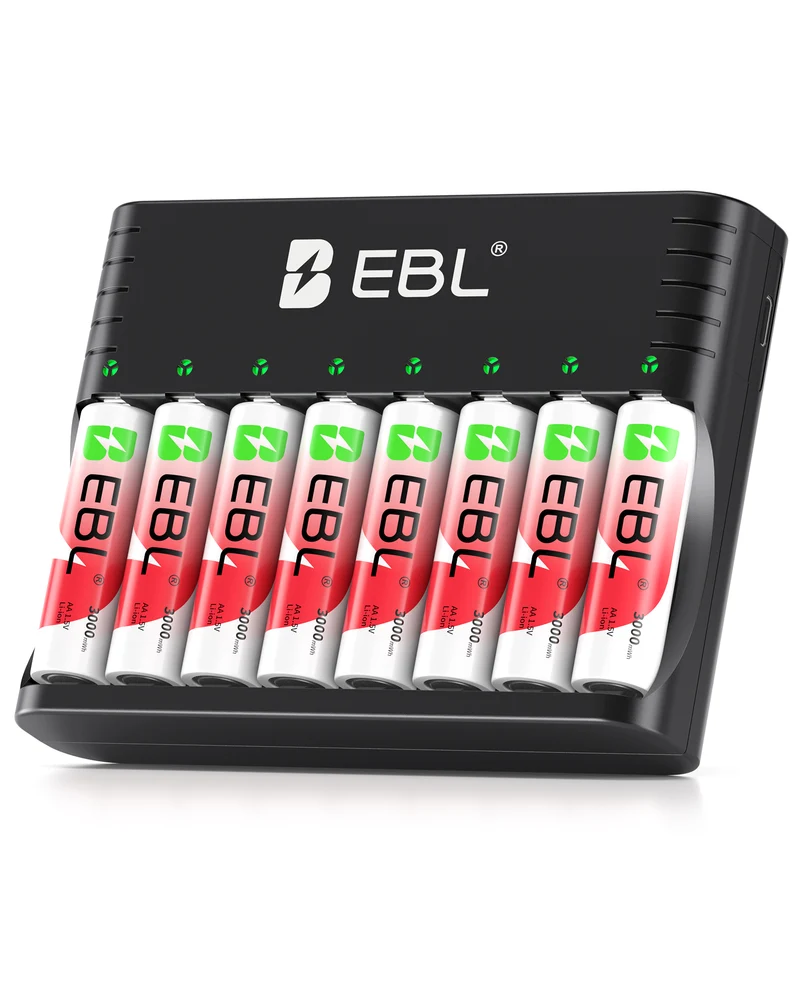 EBL 8-Pack 1.5V 3000mWh Rechargeable Lithium AA Batteries with Charger for Cameras, Toys & Game Controllers