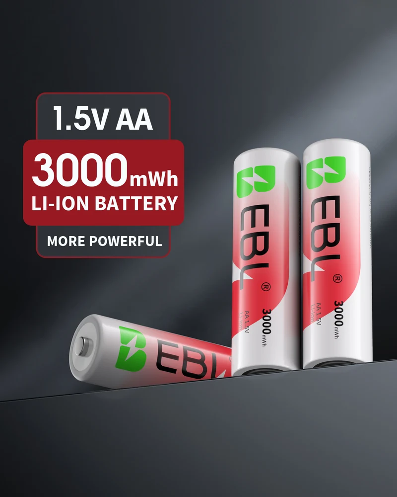 EBL 8-Pack 1.5V 3000mWh Rechargeable Lithium AA Batteries with Charger for Cameras, Toys & Game Controllers