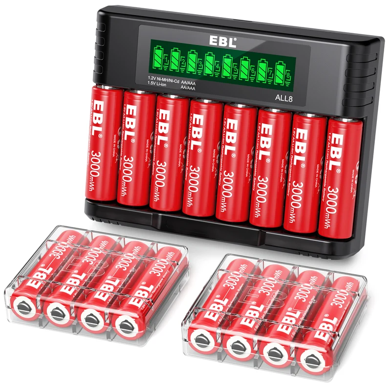 EBL 1.5V Rechargeable Lithium AA AAA Batteries with 8-Bay Charger for Toys, Remotes & Game Controllers