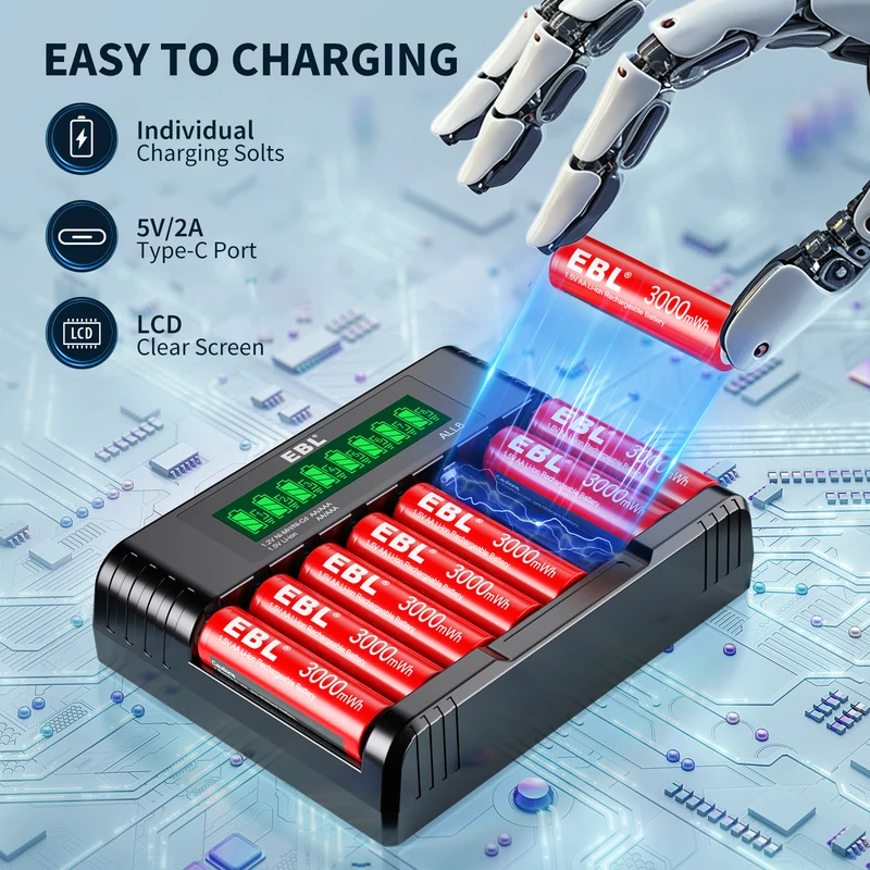 EBL 1.5V Rechargeable Lithium AA AAA Batteries with 8-Bay Charger for Toys, Remotes & Game Controllers