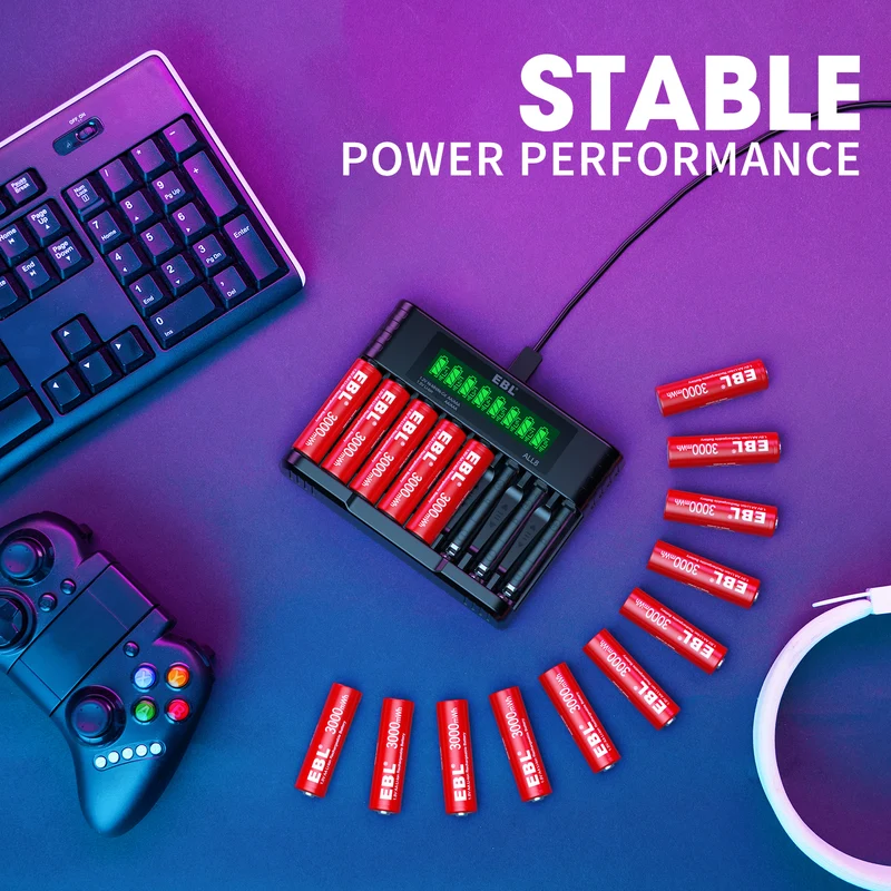 EBL 1.5V Rechargeable Lithium AA AAA Batteries with 8-Bay Charger for Toys, Remotes & Game Controllers